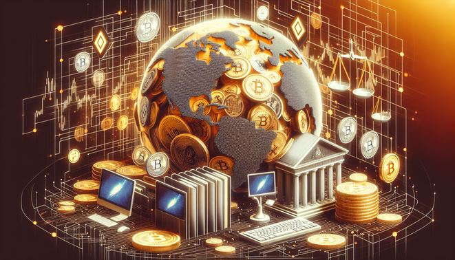 Kazakhstan Central Bank building with cryptocurrency symbols representing investment and market impact