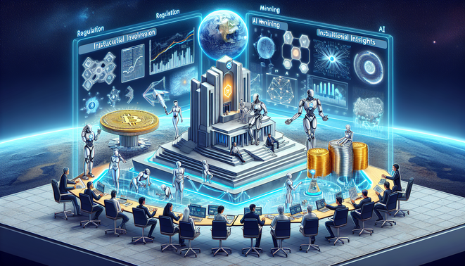 Digital illustration of cryptocurrency symbols with AI and regulatory icons representing 2026 trends