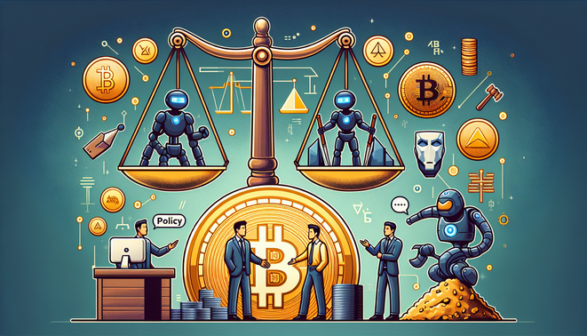 Illustration representing stablecoins, AI crypto mining, and regulatory frameworks