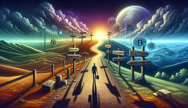 Graphic showing stablecoins, crypto mining, and regulatory icons symbolizing industry changes