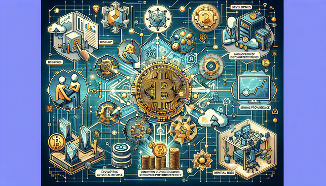 Conceptual image showing AI technology influencing cryptocurrency development and mining operations