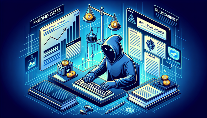 Graphic illustrating crypto fraud, ATM regulations, and mining optimization