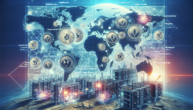 Graphic showing cryptocurrency market trends with stablecoins and mining icons