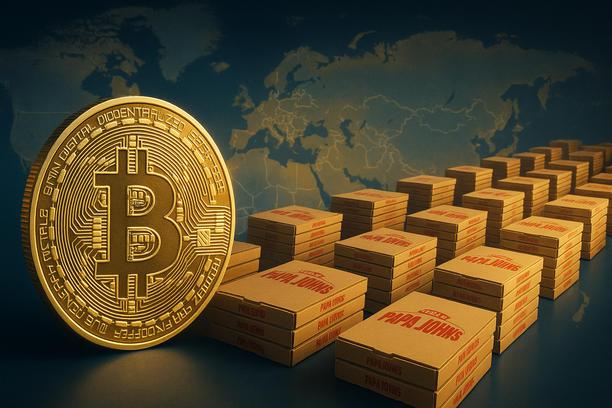 Graphic showing Bitcoin symbol, a Papa John's pizza, and a world map highlighting 15 countries