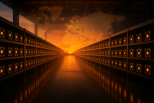 Illustration of Bitcoin mining operations with digital coins and energy icons