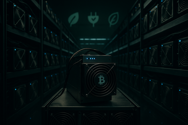 Illustration of a home with Bitcoin mining equipment connected to energy-efficient hosted mining facilities