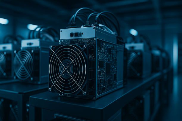 Close-up of ASIC cryptocurrency mining hardware in a data center with LED lights showing activity