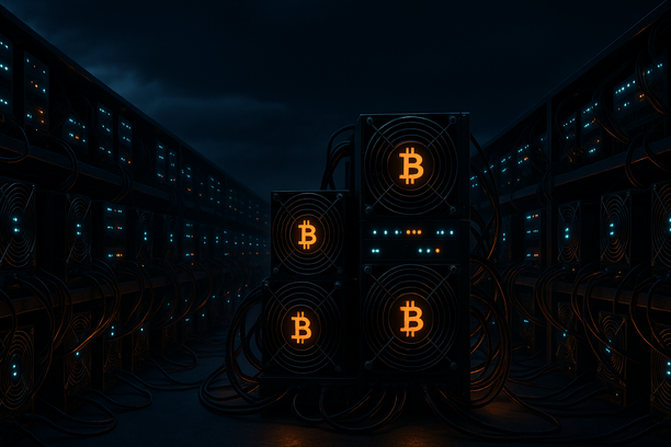 Illustration of Bitcoin mining with digital coins and energy symbols
