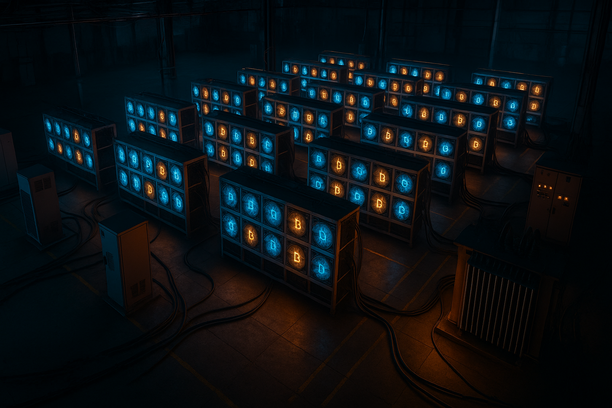 Graphic showing Bitcoin mining setup with electricity usage and profitability indicators