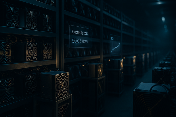 Industrial Bitcoin mining facility with rows of mining rigs and cooling infrastructure