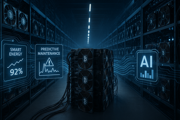High-tech Bitcoin mining farm with AI-powered ASIC miners and energy-efficient infrastructure