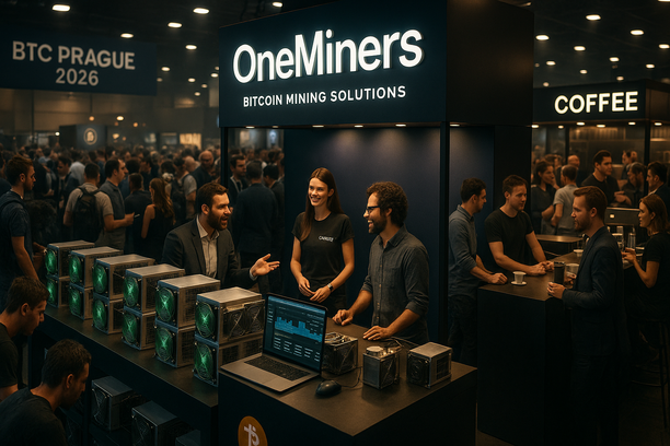 OneMiners booth at BTC Prague 2026 featuring live bitcoin mining demonstrations and branded displays