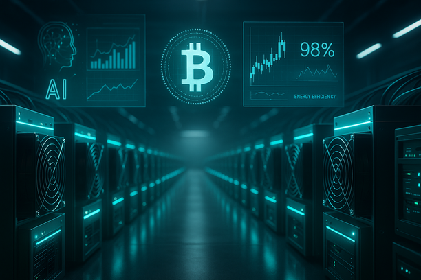 High-tech ASIC miners operating in a modern mining facility powered by affordable electricity with AI optimization graphics overlay