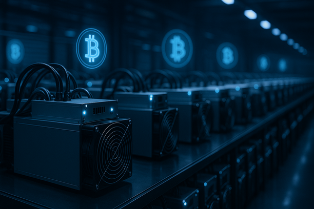 Close-up of high-performance Bitcoin ASIC mining hardware units set up for cryptocurrency mining