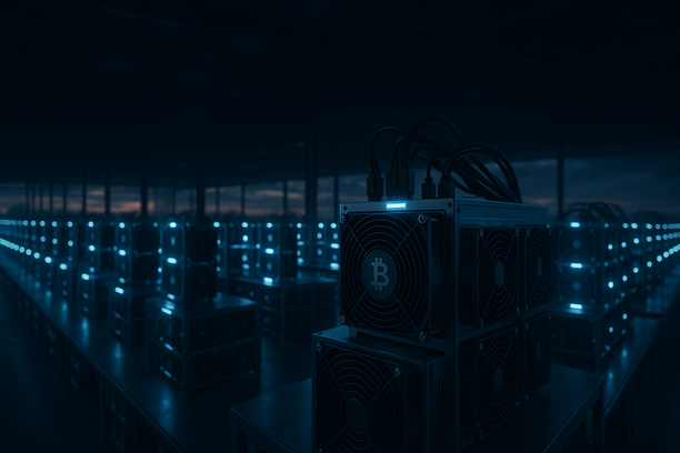 Industrial Bitcoin mining facility with large-scale data center infrastructure and equipment