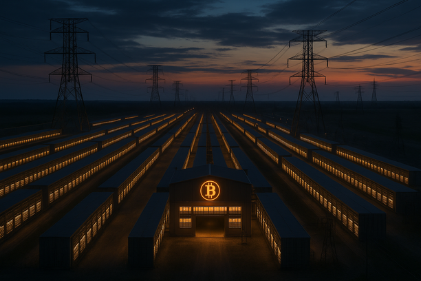 Exterior view of OneMiners bitcoin mining facility with rows of mining hardware and infrastructure