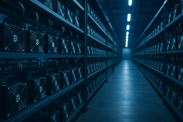 Graphic showing Bitcoin mining rigs with charts indicating ROI and electricity costs
