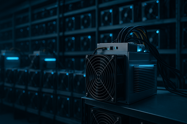 Close-up image of Bitcoin ASIC mining hardware setup with cooling fans operating