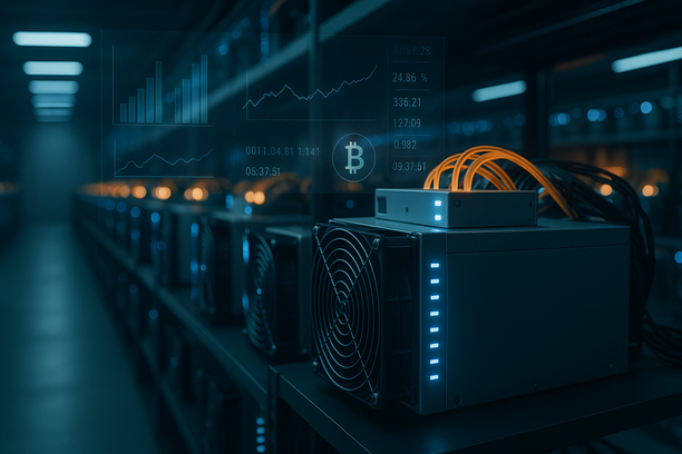 Close-up view of high-performance ASIC Bitcoin mining hardware in operation with cooling fans and circuit boards visible
