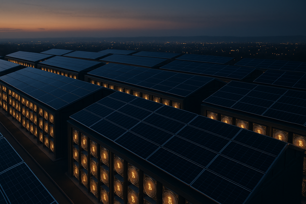 Illustration showing Bitcoin mining rigs with power lines and renewable energy symbols