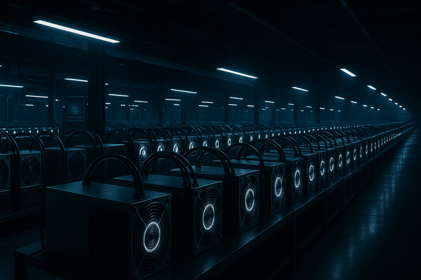 Digital illustration of Bitcoin mining equipment with visual elements representing electricity and energy consumption