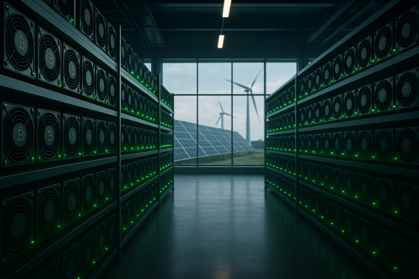 Illustration showing Bitcoin symbol with electric power symbols and renewable energy icons