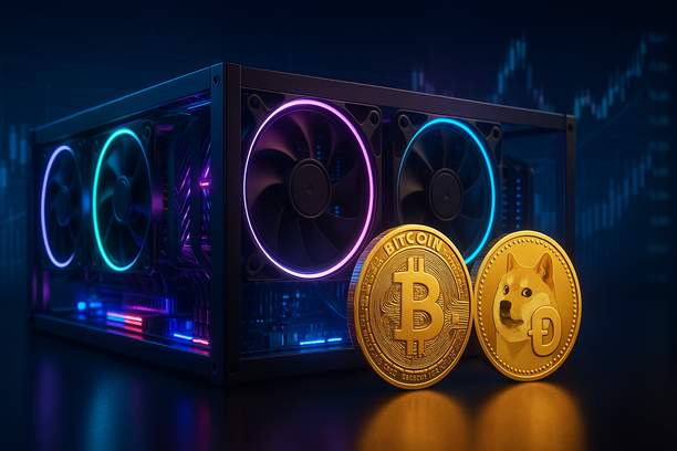 Illustration showing Bitcoin and Dogecoin coins with mining equipment and digital market data
