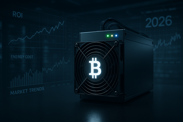 Graph and calculator with Bitcoin symbols depicting mining ROI calculations