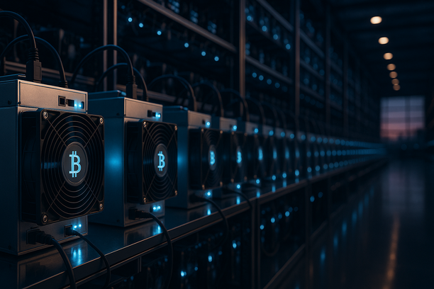 Bitcoin mining farm with rows of mining rigs and cooling systems operating in a large facility