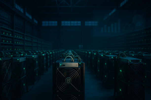 Bitcoin mining hardware setup with mining rigs and electricity indicators