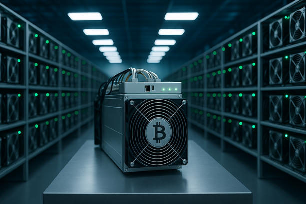 High-performance Bitcoin mining machines in a professional data center with racks of mining hardware and cooling systems