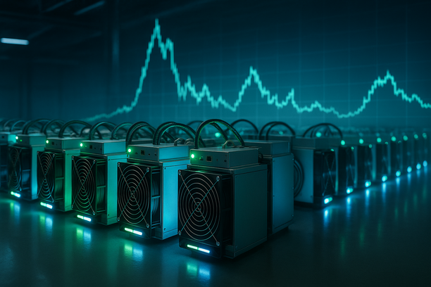 ASIC mining rigs operating steadily in a data center with Bitcoin price charts in the background showing volatility