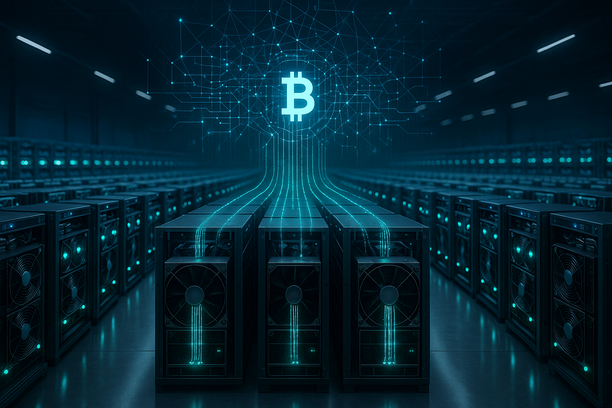 High-tech Bitcoin mining hardware with AI analytics overlays representing advanced ASIC optimization and energy management