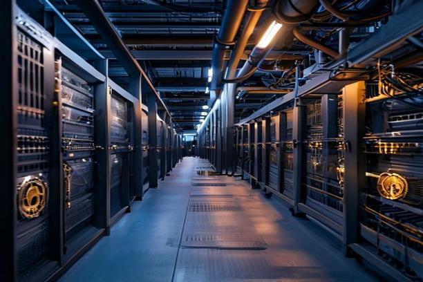 Rows of ASIC Bitcoin mining machines on industrial racks inside a large mining facility, illustrating the role of electricity costs in mining profitability.