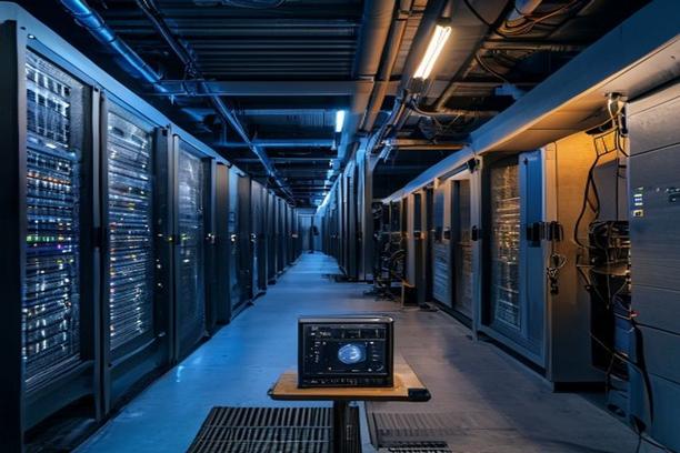 Split editorial photo contrasting a large industrial Bitcoin ASIC mining facility with rows of rack-mounted miners against a small home mining setup on a garage table.