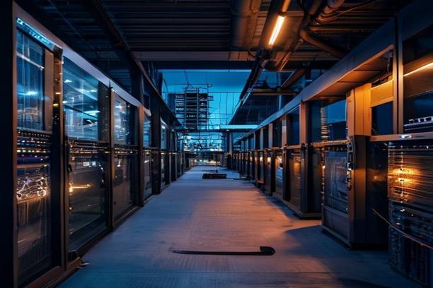 Wide editorial image contrasting a professional Bitcoin mining hosting facility with a small home mining rig, illustrating the 2026 hosted versus home mining profitability comparison