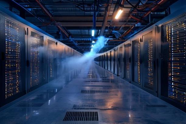 Rows of rack-mounted Bitcoin ASIC mining hardware inside a large industrial data center at dusk with ambient blue and amber lighting