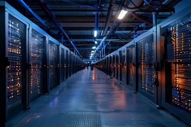 Rows of ASIC Bitcoin miners in an industrial mining hosting facility at dusk with blue and amber lighting