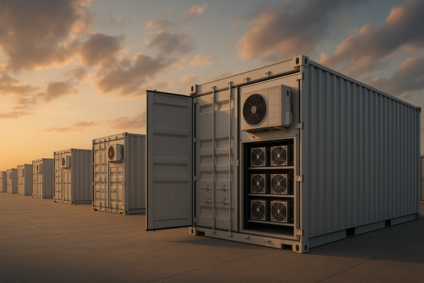 Modular Bitcoin mining containers equipped with cooling systems and power units for efficient cryptocurrency mining