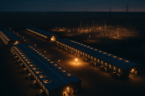 A sprawling Bitcoin mining facility with rows of servers and cooling infrastructure under bright lights.