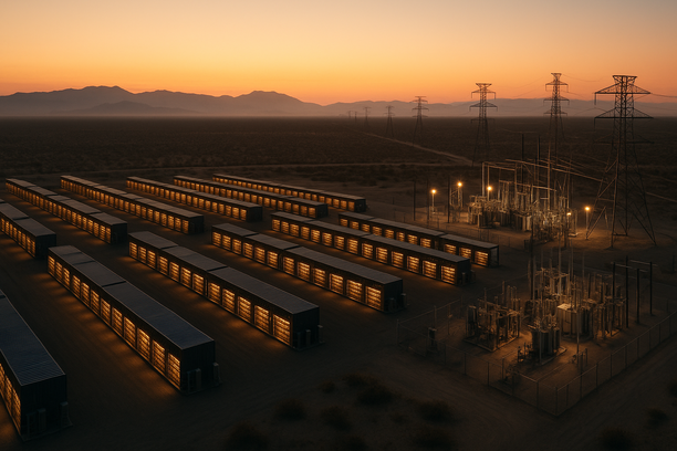 Large bitcoin mining facility with rows of mining rigs and green LED lights