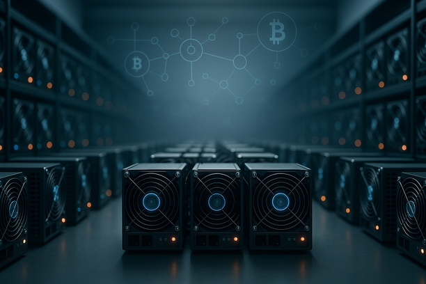 Close-up of ASIC mining hardware setup in a modern data center with LED indicators and cooling systems