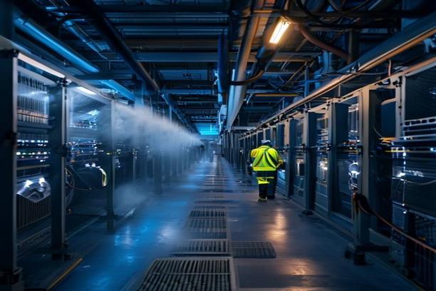 Rows of ASIC bitcoin miners on industrial racks inside a data center at dusk, illustrating mining hardware amid the network's 2026 difficulty adjustments