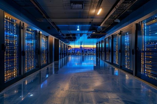 Modern ASIC mining hosting facility with server racks and status lighting inside a convention-style setting evoking Mining Disrupt 2026 in Miami