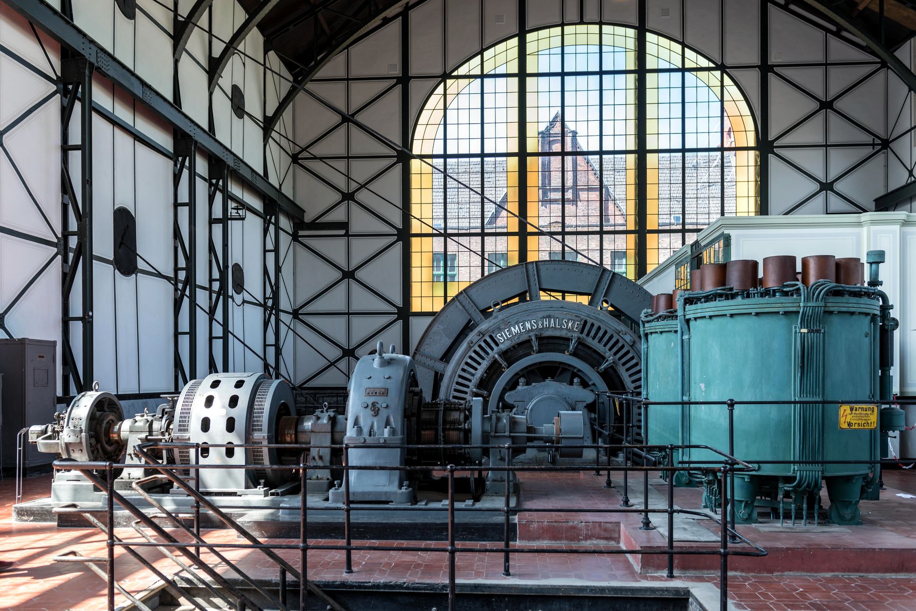Interior view of the Siemens Halske generator at historic Zeche Zollern mine museum in Dortmund, Germany.