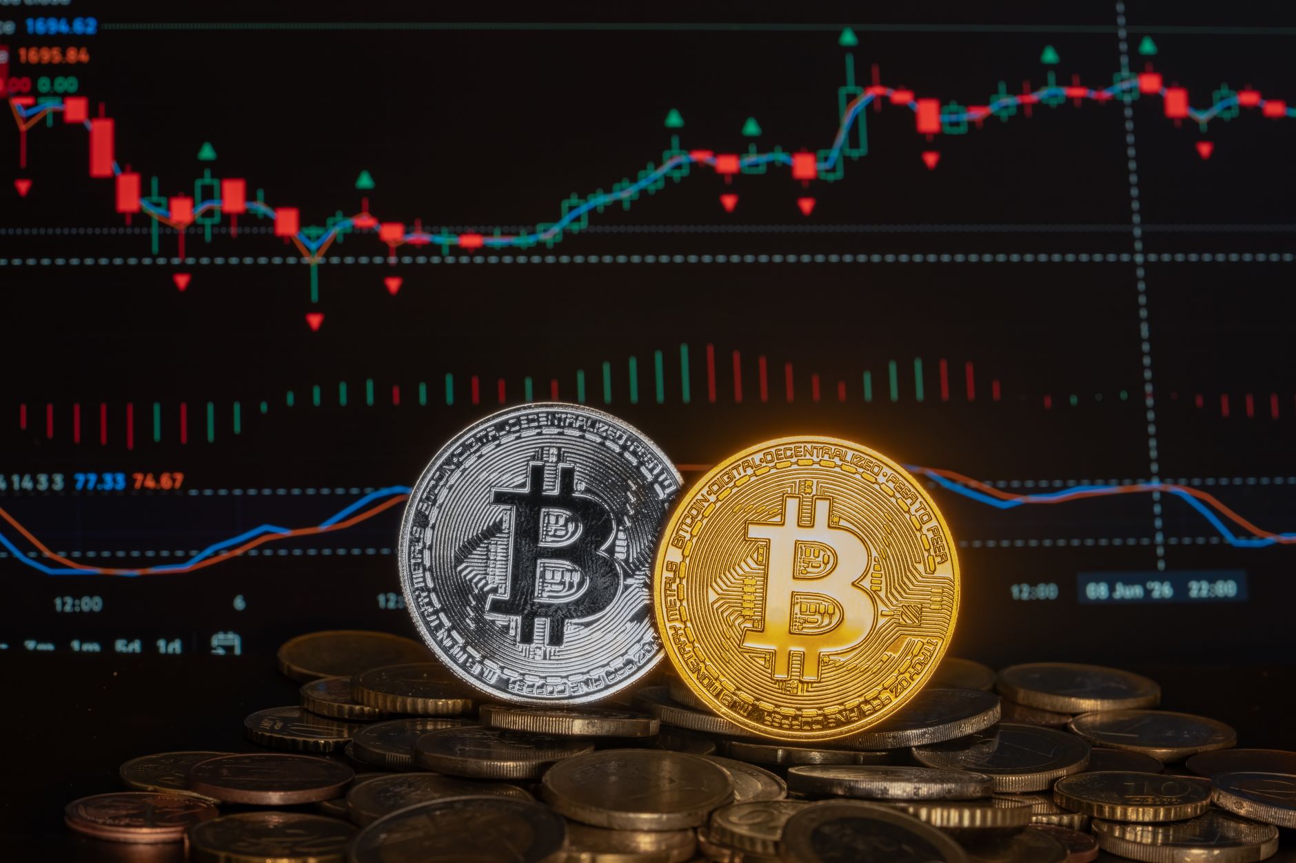 Cryptocurrency coins with a financial market graph in the background, symbolizing investment and economic trends.