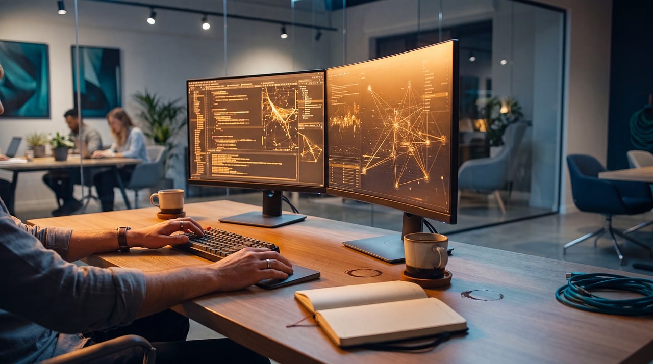 work environment, programming, computer screens, office, data visualization, technology, programming language, coding, dual monitor, software engineer, keyboard, notebook, office work, charts, office design, modern technology, data analysis, drinking coffee, data optimization, corporate environment