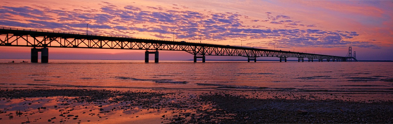 bridge, sea, panorama, sunset, beach, nature, dusk, twilight, ocean, sky, afterglow, skyscape, seascape, clouds, architecture, silhouettes, infrastructure, sea bridge, tranquil, water
