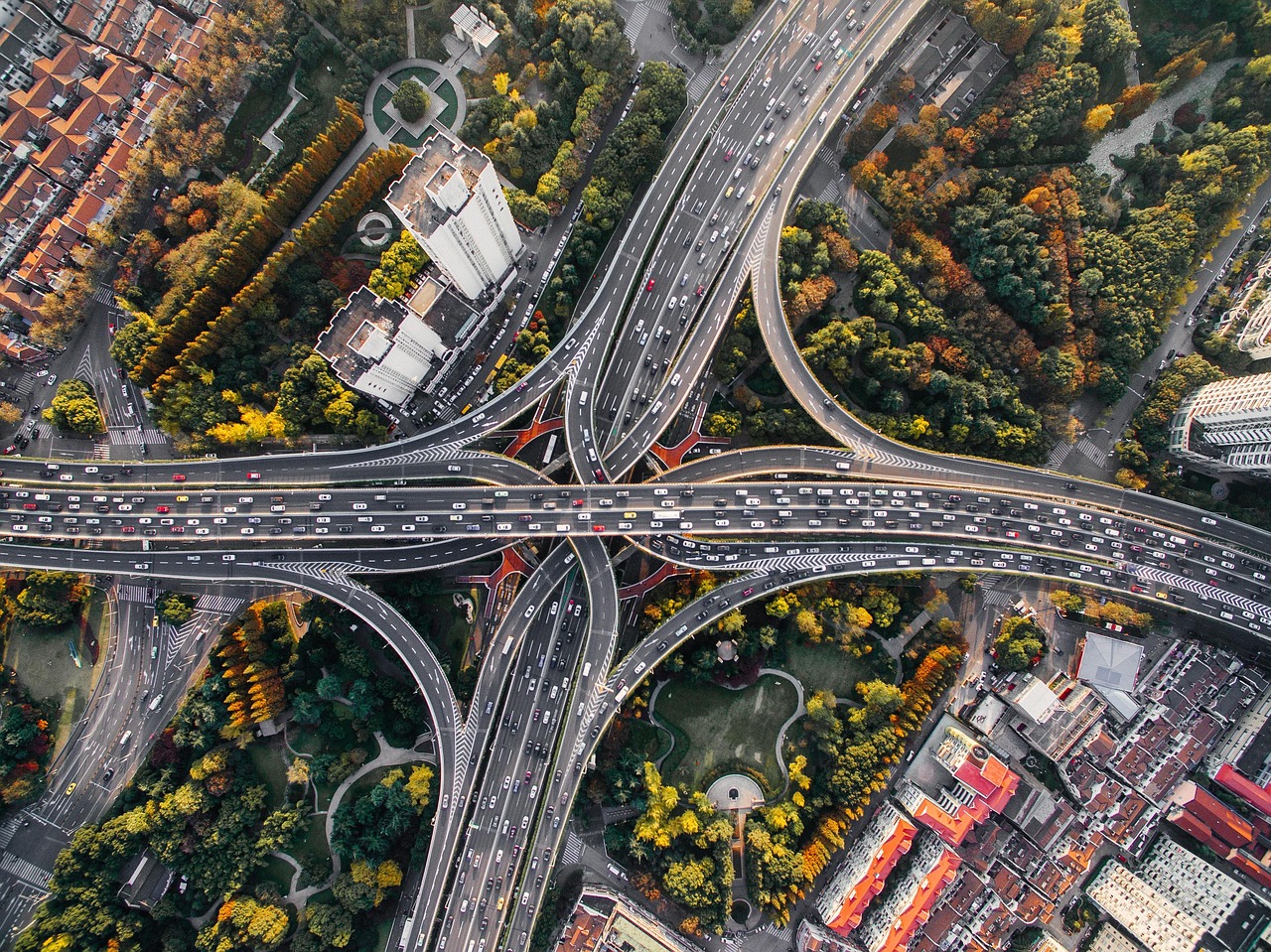 architecture, nature, buildings, cars, city, cityscape, highway, infrastructure, roads, traffic, trees, urban
