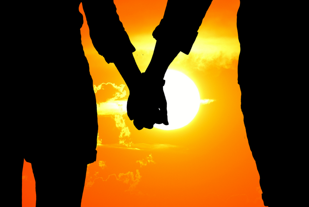 lovers, silhouette, sunset, together, hand in hand, love, nature, in love, togetherness, as a couple, fun, friendship, valentine's day, connectedness